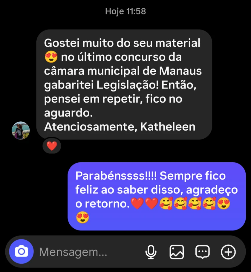 Cliente elogia o material e relata seu resultado em Legislação no concurso da Câmara de Manaus