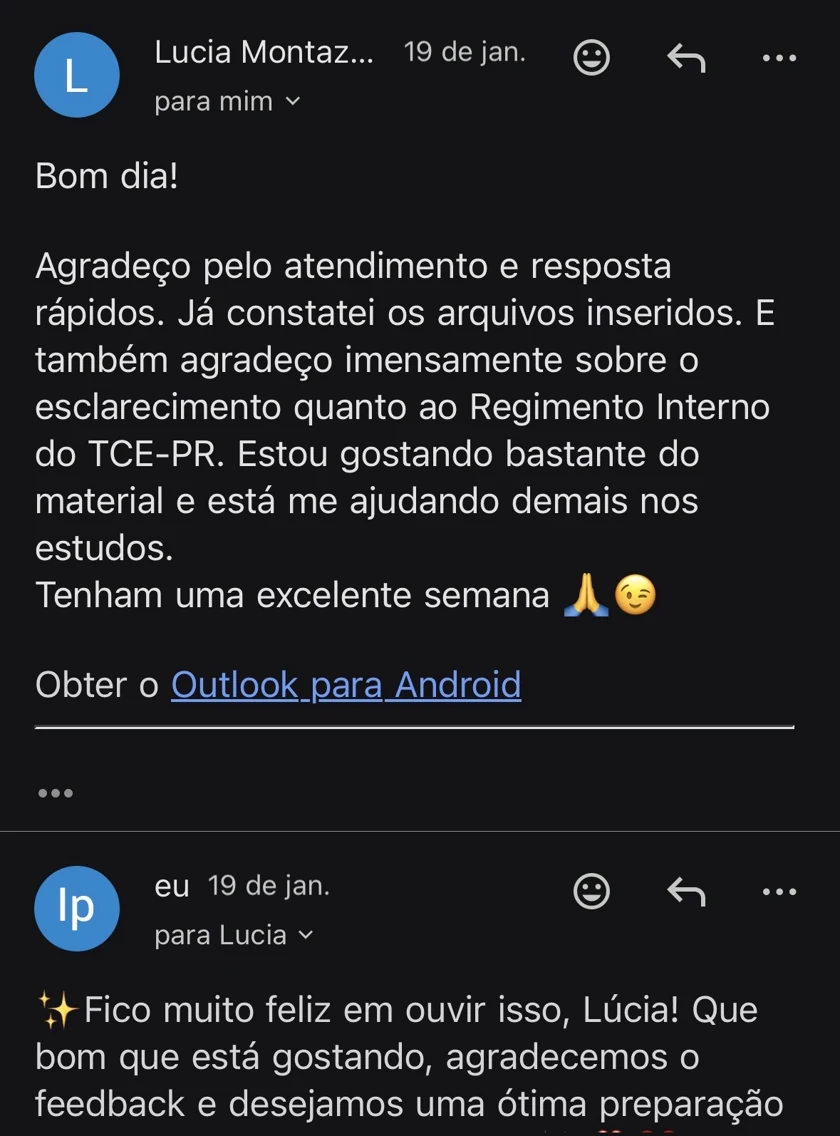 E-mail agradecendo o atendimento e a ajuda do material nos estudos para o TCE-PR