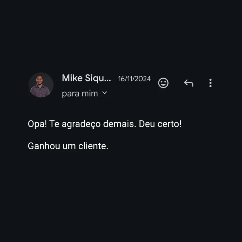 E-mail de cliente agradecendo e dizendo que a IP Questões ganhou um cliente